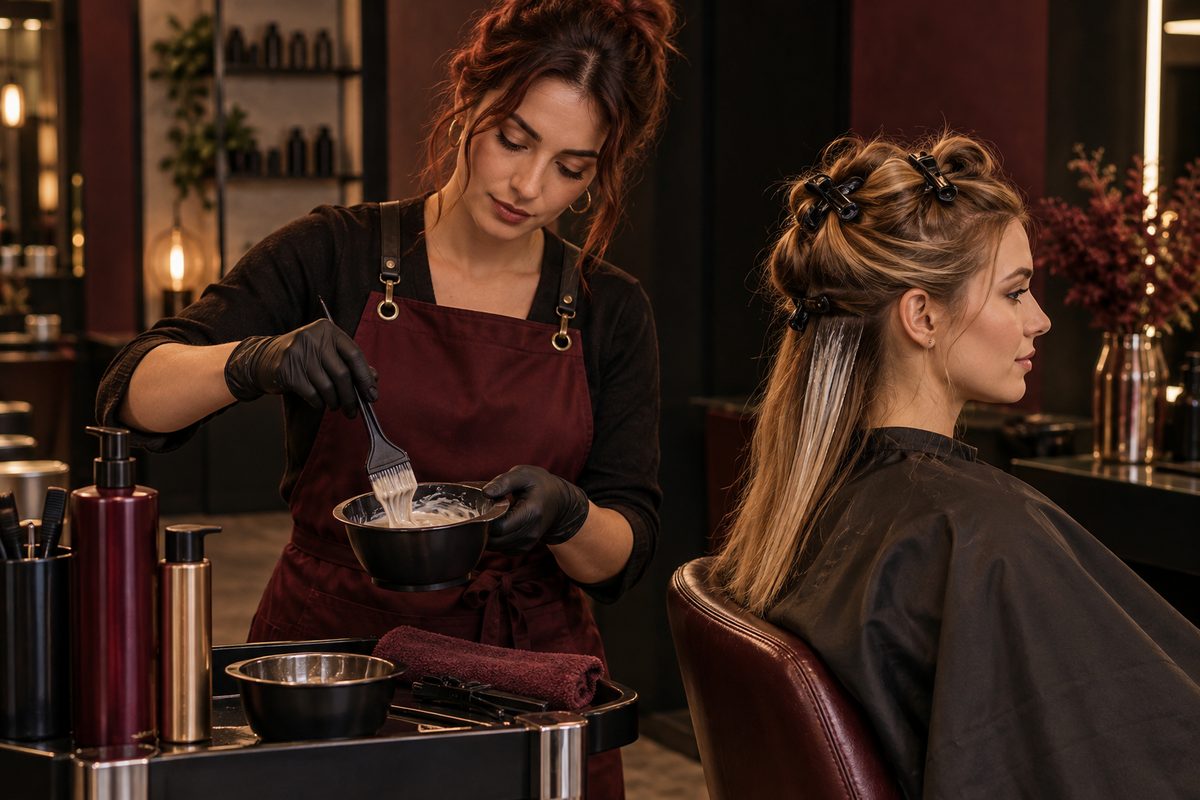Hair colour mixing bowl and tint brush on a salon trolley