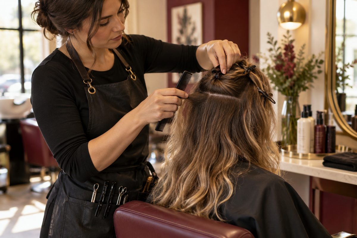 Hairdresser using a comb to section a client's hair