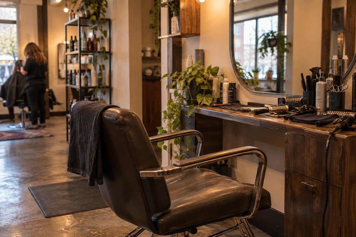 Brown salon chair beside a mirror in warm window light