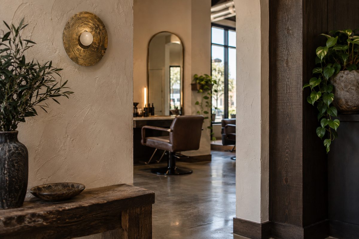 Wooden salon doorway with an aged brass handle